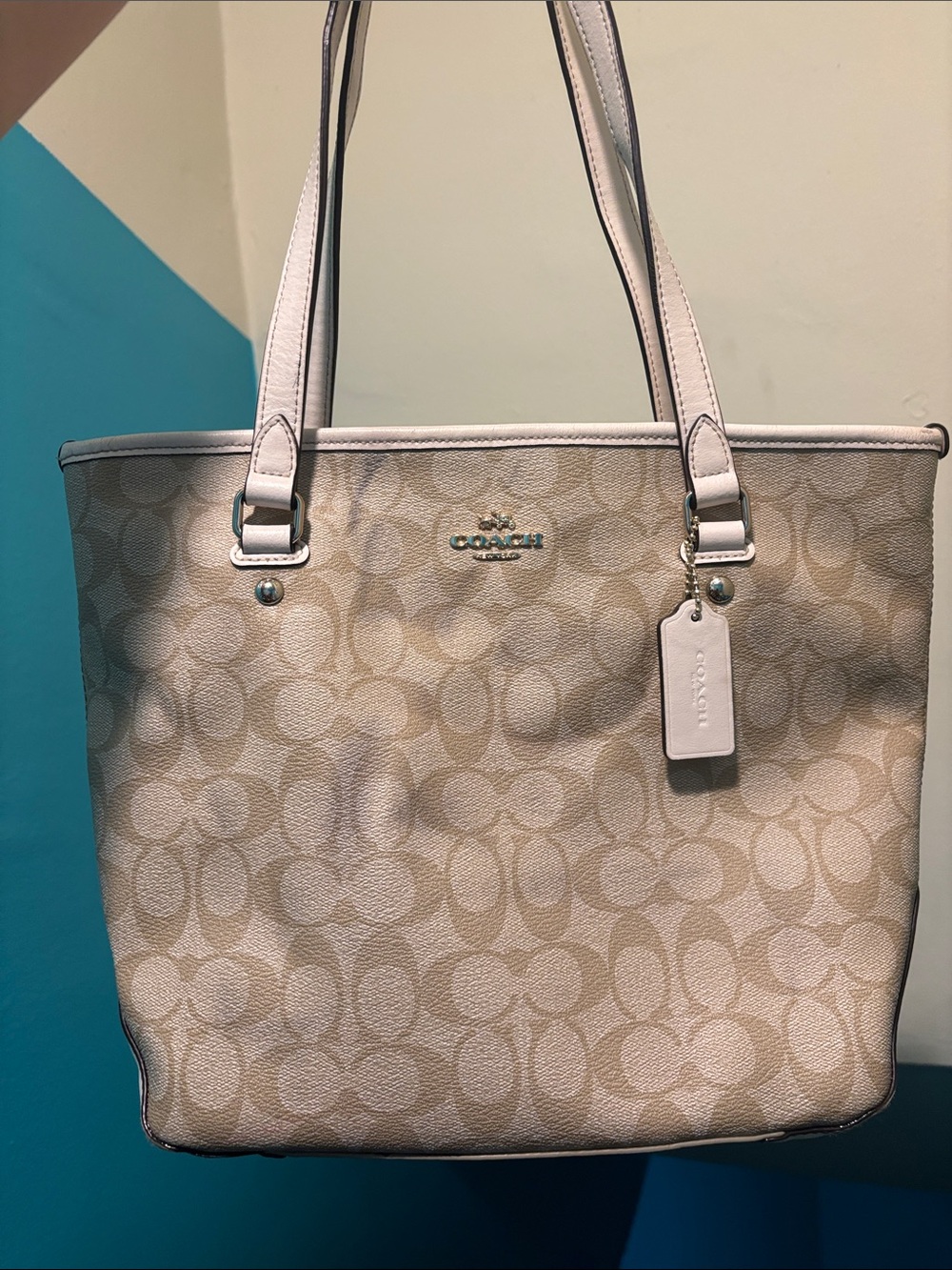 Coach Light Beige Signature Canvas Tote with Pale Leather Trim